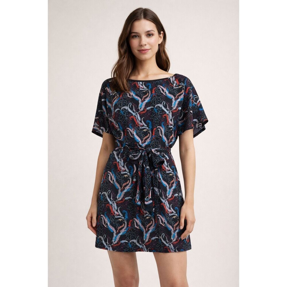 BCBG Max Azria XS Tie Waist Mini Dress Feather Print Short Sleeve Black